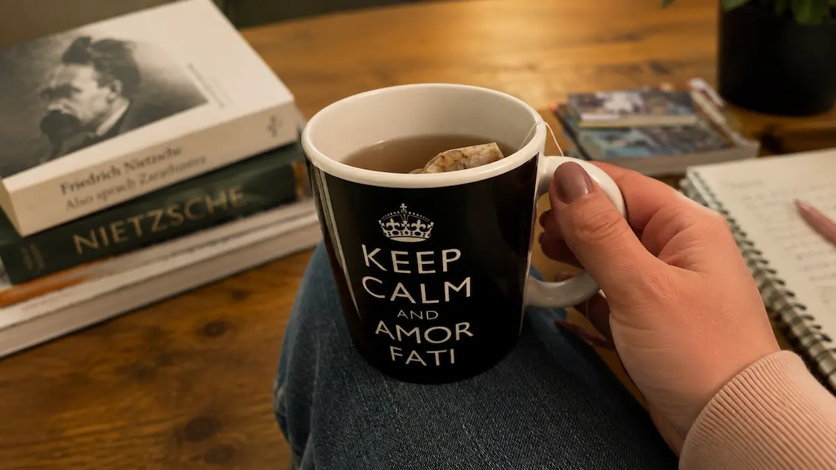 AMOR FATI Tasse mit Tee neben Nietzsche-Büchern