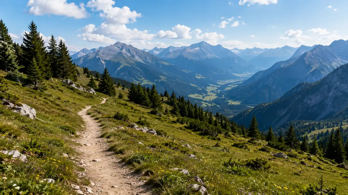 Wanderweg in den Bergen mit weitem Talblick